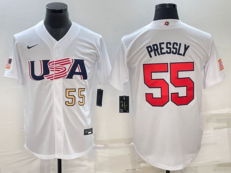 Men 2023 World Cub USA #55 Pressly White Nike MLB Jersey2